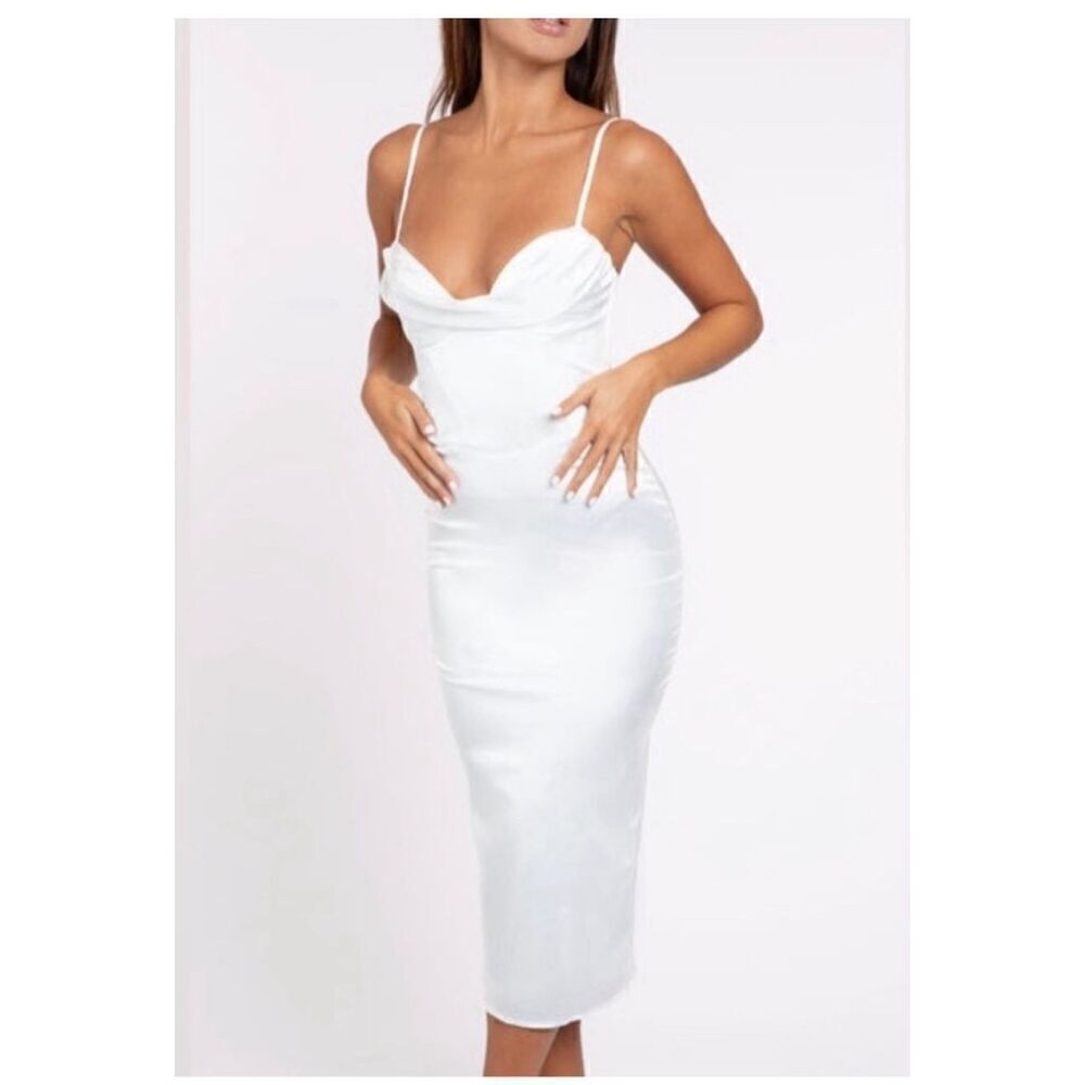NWT Heiress Beverly Hills White Satin Corset Midi Dress Size Large - Picture 2 of 8